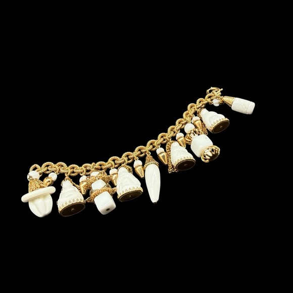 Vintage Napier Signed Asian Buddha Art Milk Glass Lantern Charm Bracelet MCM - Picture 9 of 14